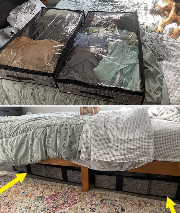 A reviewer demonstrates how the storage bins, filled with clothes, are neatly tucked under their bed.
