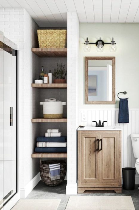 The basket placed on a bathroom shelf