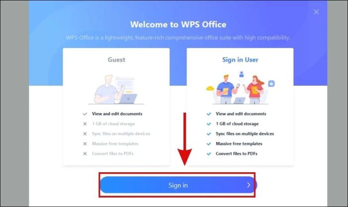 đăng nhập tài khoản WPS Office của bạn.