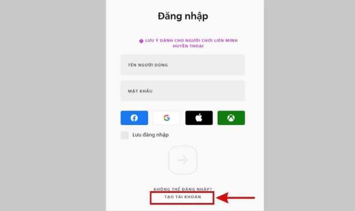 Click vào lựa chọn để tạo tài khoản Riot Client
