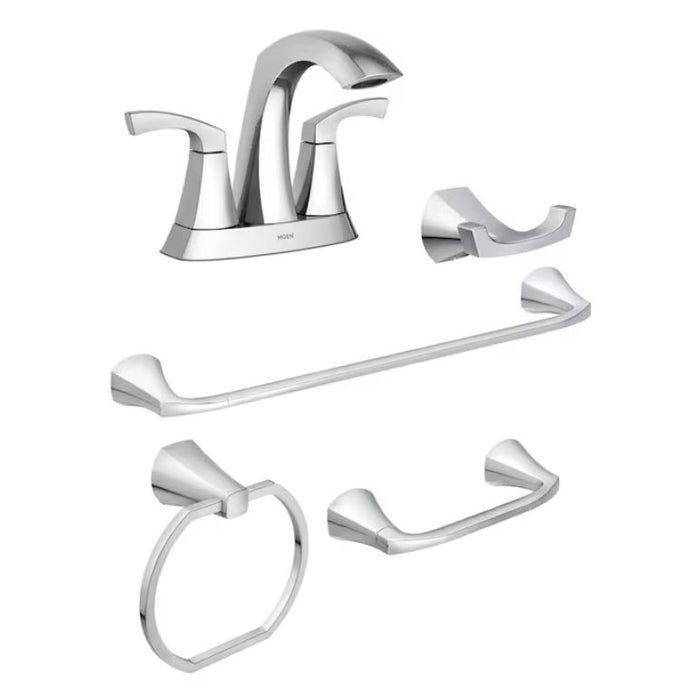 A Moen bathroom accessory set, featuring a faucet, towel ring, towel bar, robe hook, and toilet paper holder, all with a sleek, modern look.