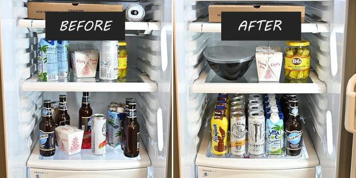 A comparison image showing the transformation of a fridge with the drink holder neatly organizing the contents