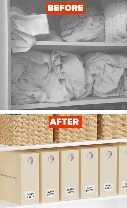 Before and after shots of a chaotic closet shelf transformed into an organized space, complete with labeled storage bins.