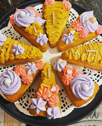 A plate of artfully arranged cake slices