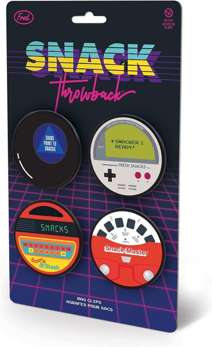 Vintage game and toy-themed snack clips, cleverly designed as magnets for packaging