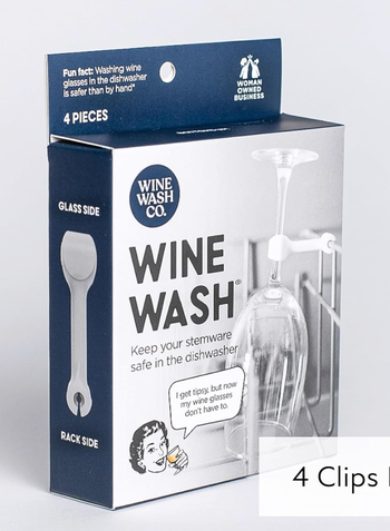 A Wine Wash Co. box featuring an illustration of a wine glass attached to a dishwasher rack