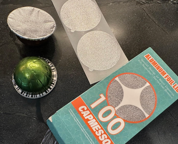 Four foil alternatives for coffee pod lids.