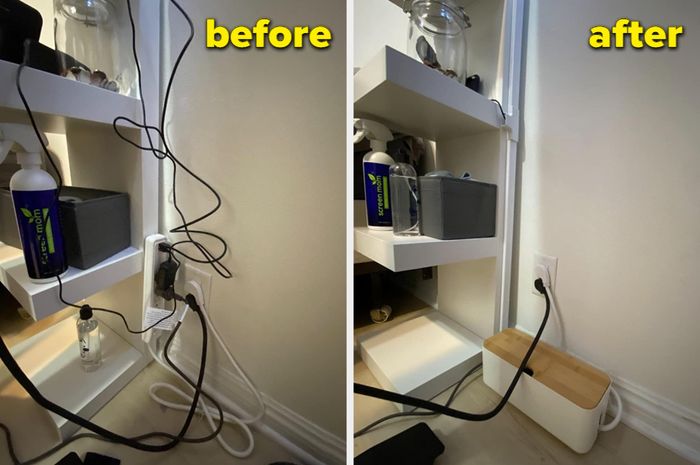A reviewer's before-and-after photo showing a tangled mess of cords, followed by a clean, organized space with a white cord organizer on the floor.