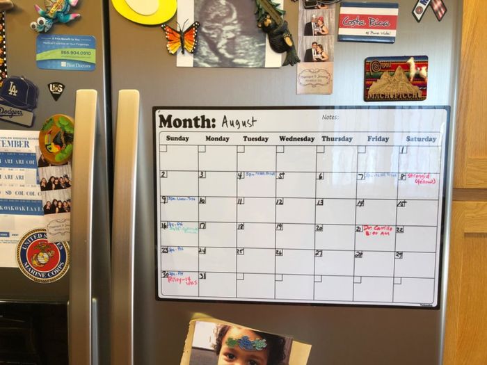 A reviewer’s photo showing the magnetic calendar attached to their fridge, surrounded by photos and magnets.