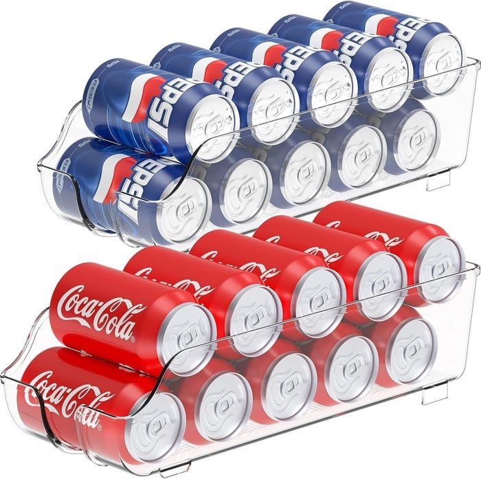 Two transparent fridge bins for neatly organizing soda cans