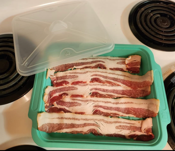 Raw bacon laid out in a blue silicone cooker, complete with a lid.