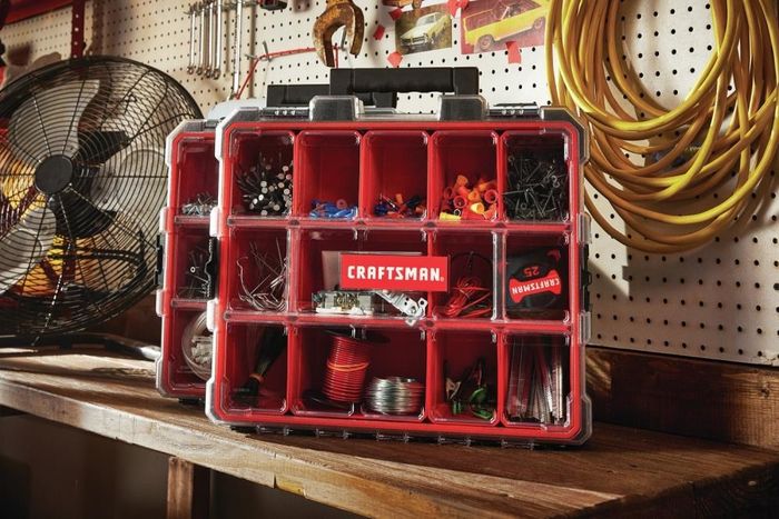 An image of a 12-compartment plastic small parts organizer