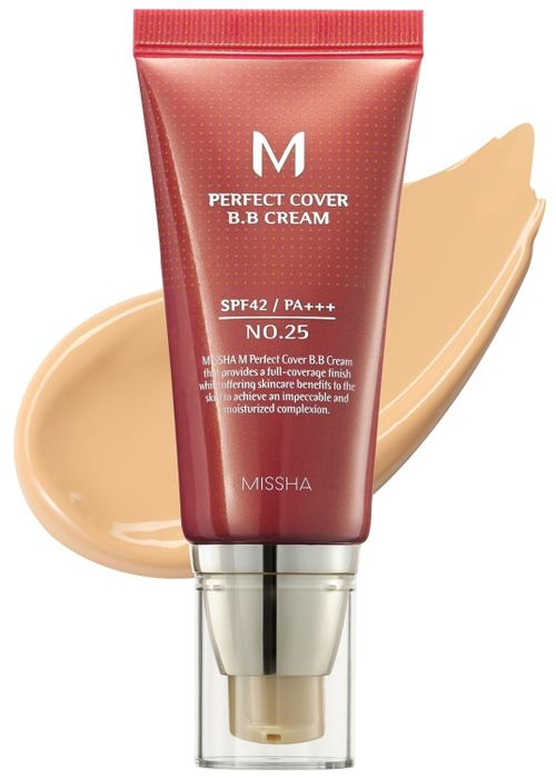 MISSHA Perfect Cover BB Cream No. 25, SPF 42/PA+++, delivers full coverage and moisturizes the skin