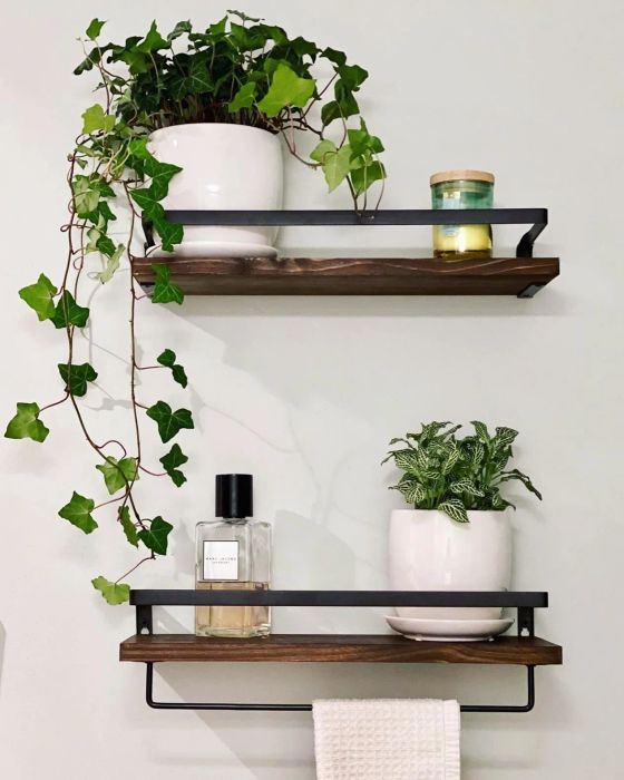 A reviewer’s photo showing shelves with plants, a candle, and a bottle of perfume neatly displayed.