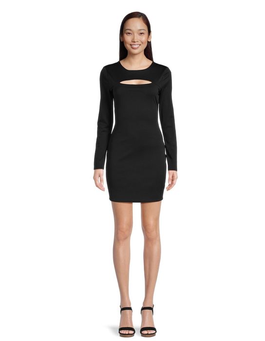 A model is dressed in a black long-sleeve dress with daring cutouts, offering a bold and chic look.