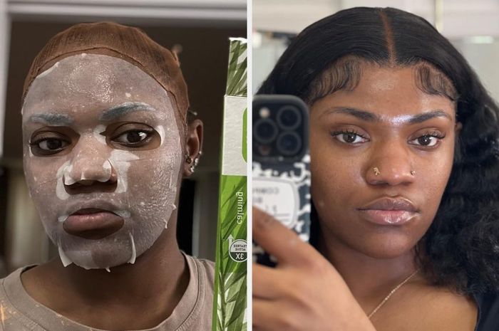 A person applying a facial mask, followed by the same person after the treatment.