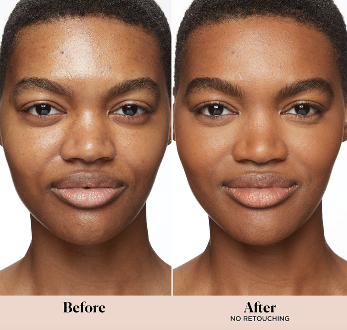 A model showcasing the before and after results of applying the tinted moisturizer.