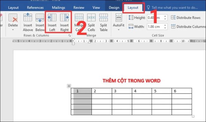 thêm cột vào bảng thông qua thanh công cụ