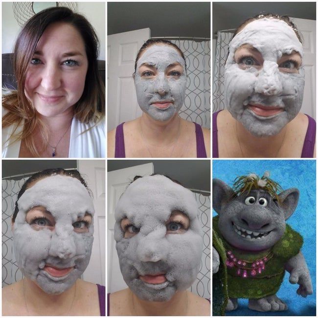 Collage of a reviewer using the bubble clay mask.