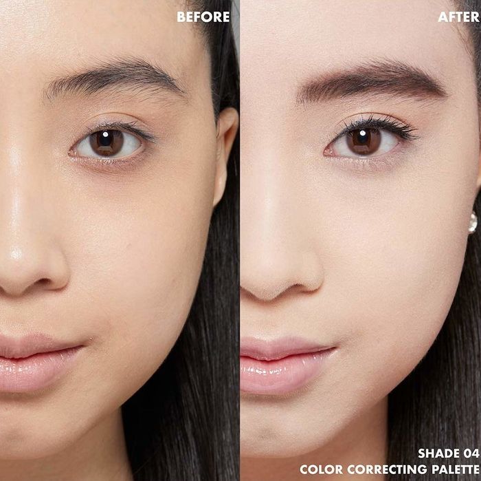 Model demonstrates before and after applying color correctors, showing a more balanced complexion afterward.