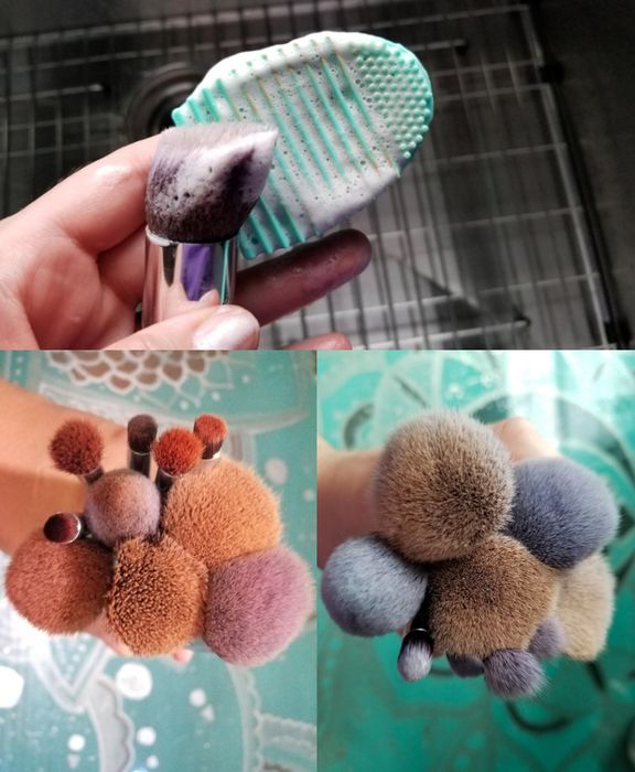 A soapy brush alongside a textured silicone egg; before: dirty brushes in pink and orange, after: clean brushes in grey and beige.