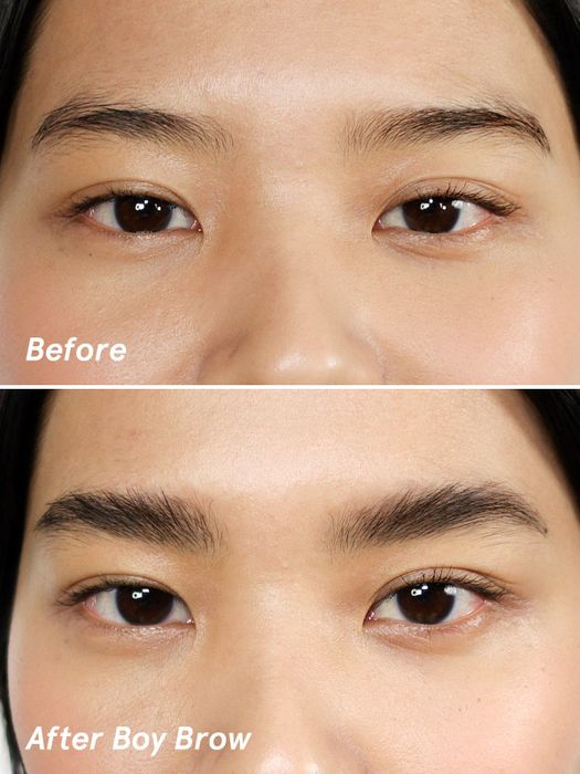 Model before and after using Boy Brow, showing fuller, more defined eyebrows.