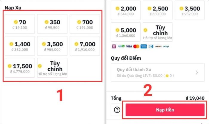 sử dụng ví ZaloPay để nạp xu TikTok