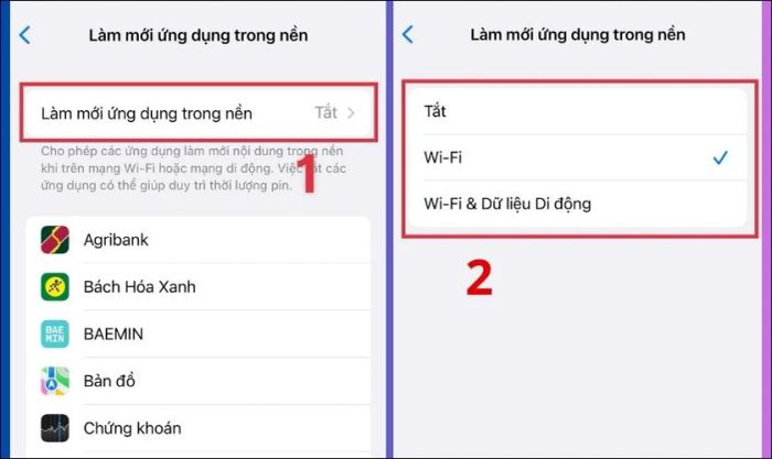 Các tùy chọn cho tính năng làm mới ứng dụng trong nền