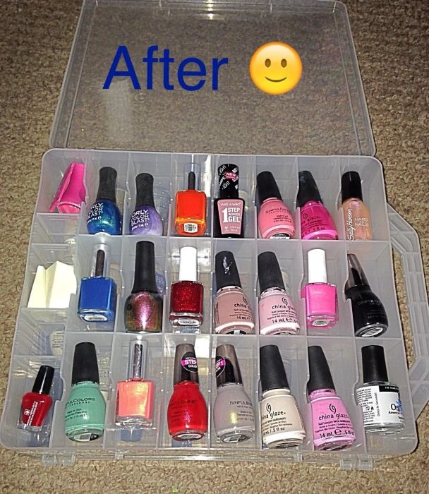 A customer photo displaying their nail polishes neatly arranged after using the organizer holder.