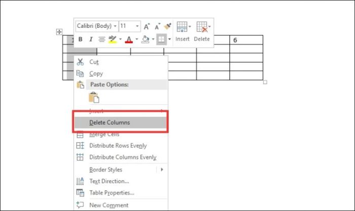 xóa cột thừa trong bảng Word