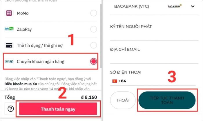 cách mua xu TikTok thông qua thẻ ngân hàng