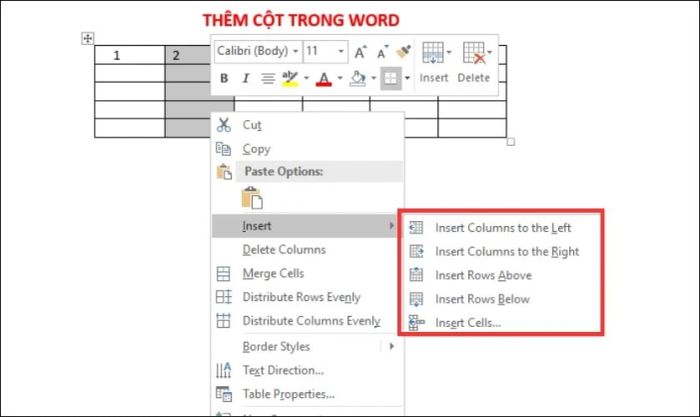 Thực hiện thao tác chèn hàng hoặc cột trong bảng Word.