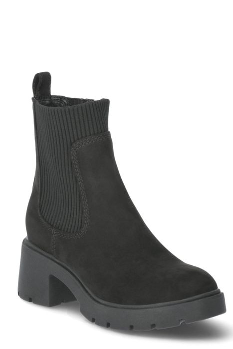 A stylish ankle boot with a chunky heel and ribbed elastic side panels, perfect for a fashionable and functional look.