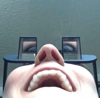 A reviewer wearing horizontal prism glasses while taking a playful selfie, showing their eyes reflected in the prism mirrors.