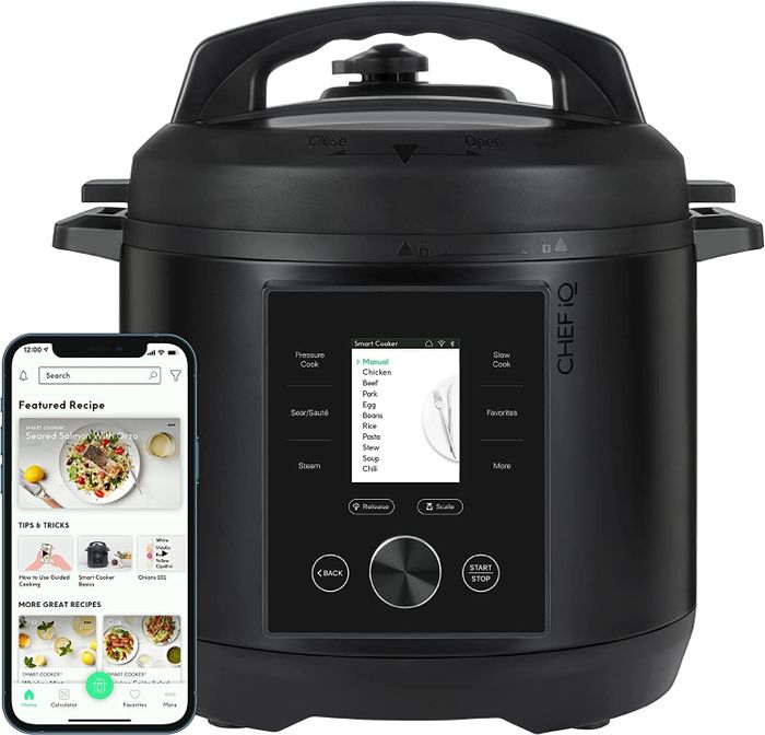 The CHEF iQ smart cooker and a phone displaying the app with various recipes, tips, and tricks.