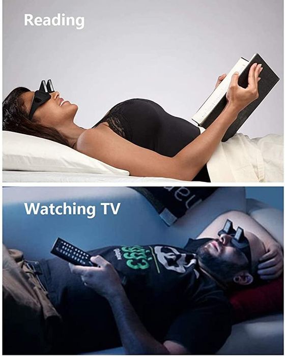 Two individuals wearing horizontal prism glasses while comfortably lying down, watching TV and reading.