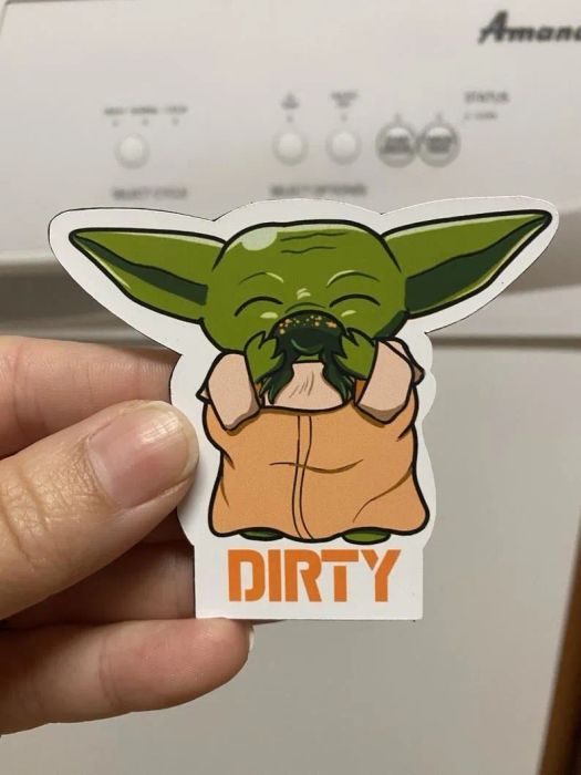 The reverse side of the Baby Yoda magnet that reads 'dirty.'