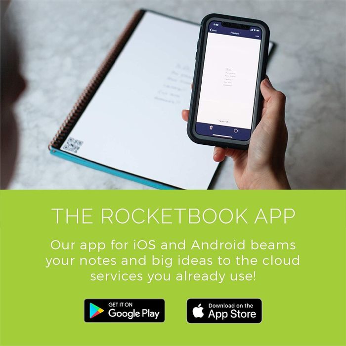 The model using the Rocketbook app on their phone to transfer their physical notes to the cloud