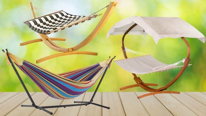 checkerboard hammock, striped hammock, and hammock with a canopy