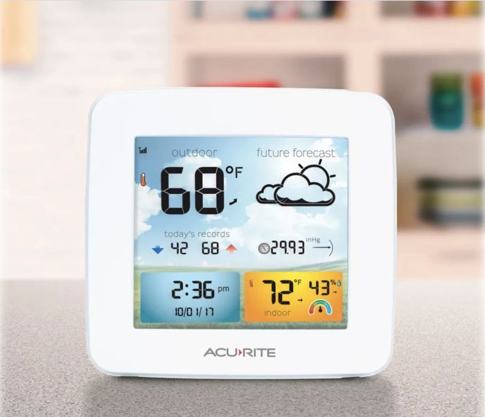 A small square weather forecaster featuring a color display that shows temperature and weather predictions.