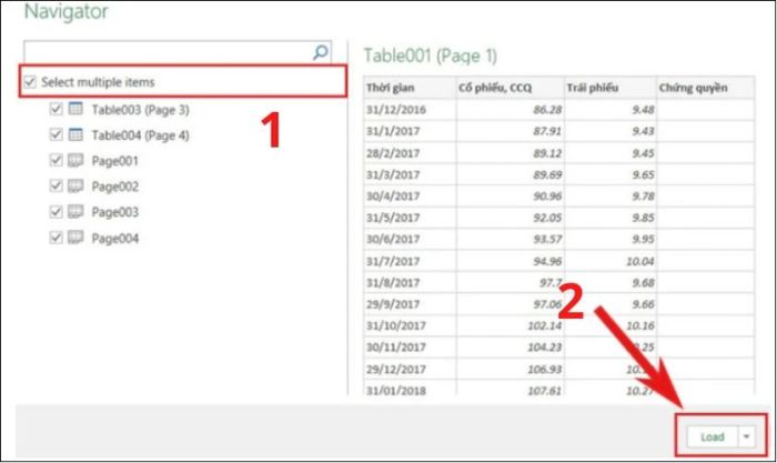 đánh dấu vào ô Select multiple items và nhấn Load