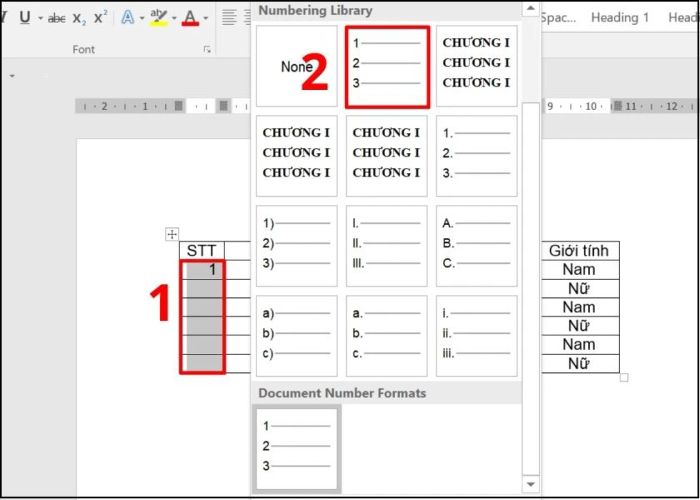 Nhấp vào định dạng số thứ tự đã tạo trước đó cho bảng trong Word.