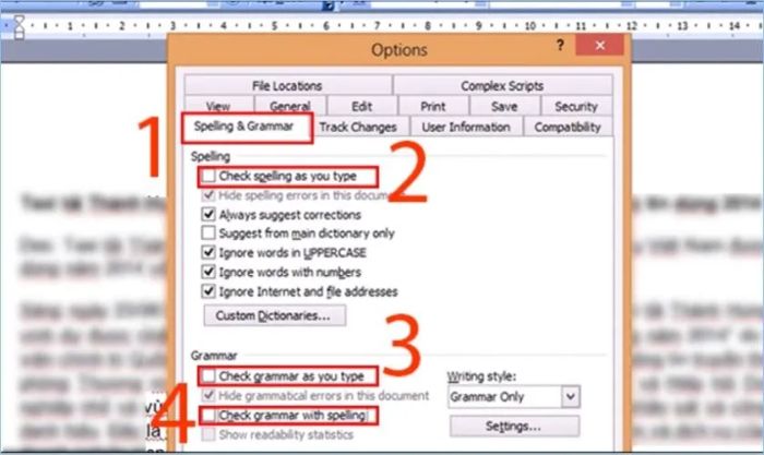 Vào mục Spelling & Grammar và bỏ chọn các tùy chọn kiểm tra chính tả.