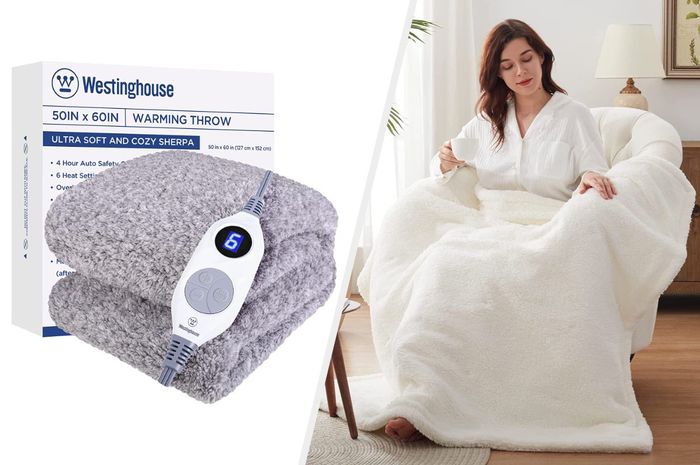 Pictures showcasing soft gray and white sherpa blankets