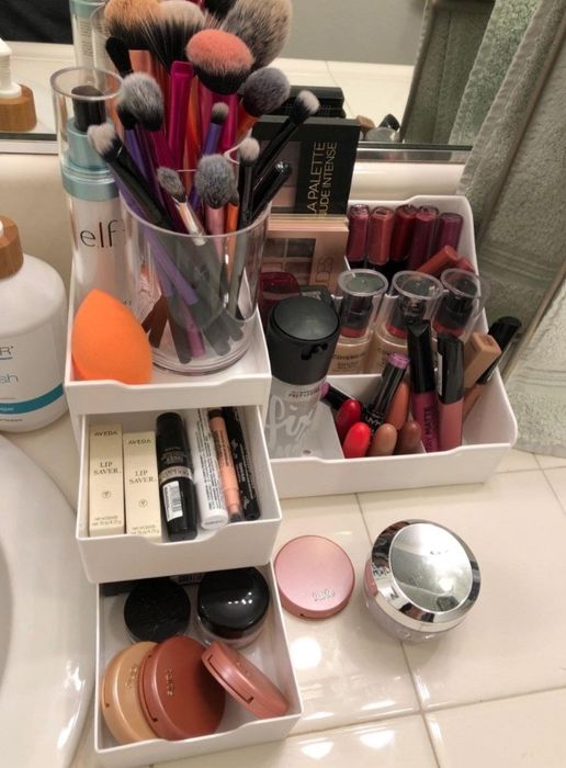 The organizer filled with makeup products