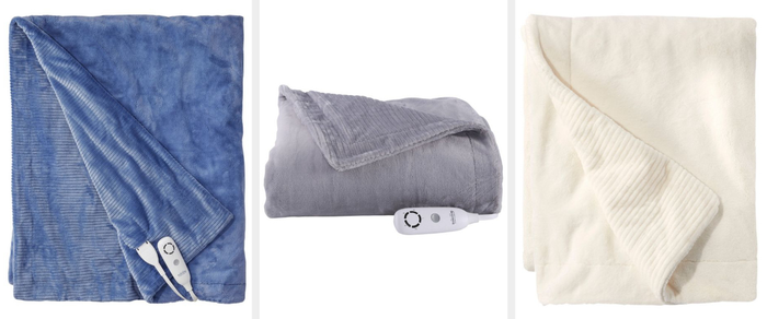 Images featuring blue, gray, and ivory-colored blankets