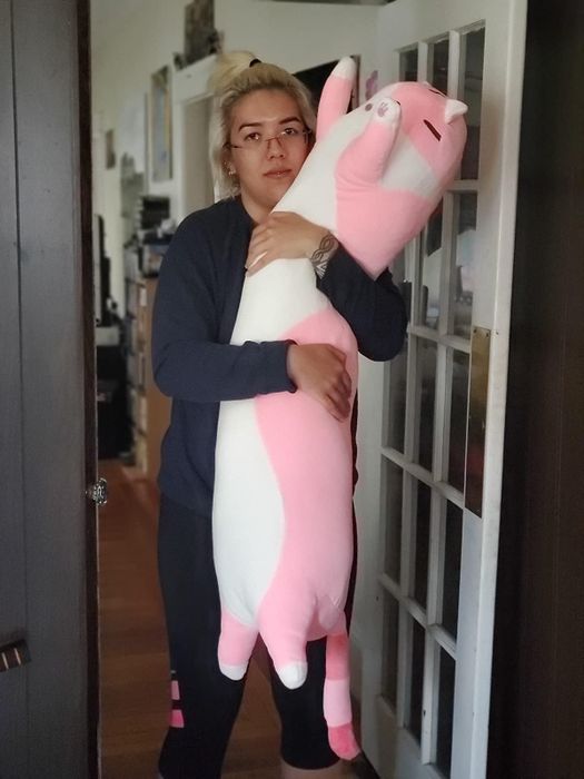 Reviewer holding the pink cat body pillow with a smile