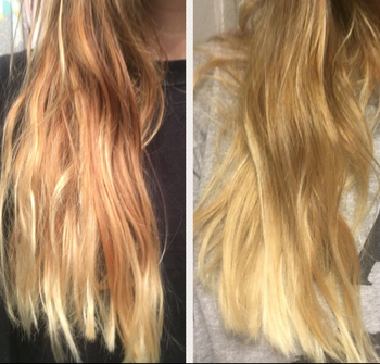 The reviewer's hair before using the satin pillow with less volume, and after, noticeably fuller and bouncier
