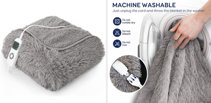 Two images showcasing the soft gray fuzzy blanket