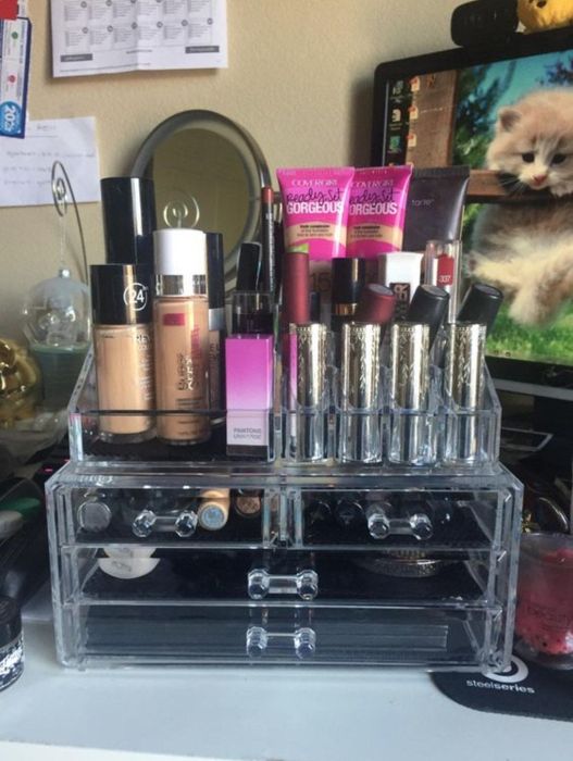 The makeup organizer filled with beauty essentials.